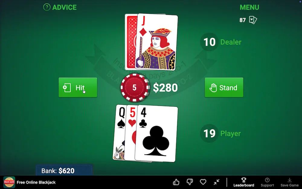 blackjack gameplay screenshot stand