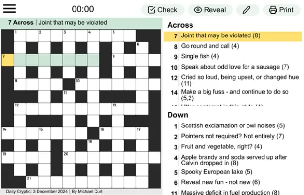 A screenshot of an in-progress Cryptic Crossword game