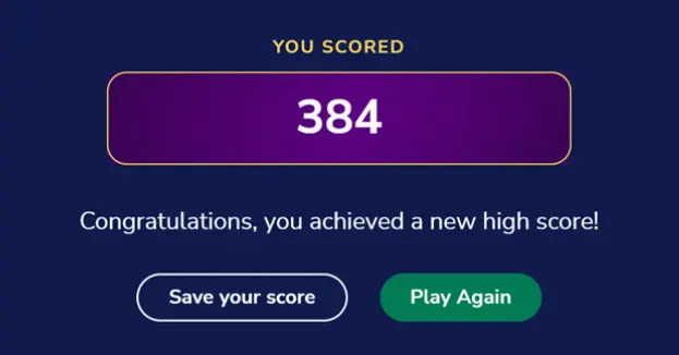A game end screen showing a score of 384