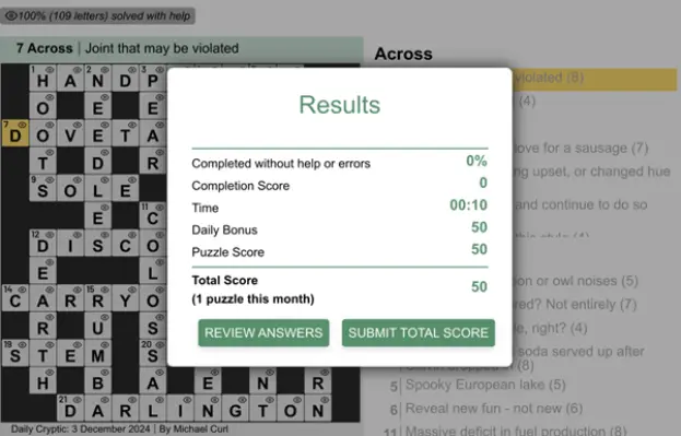 The results screen of a Cryptic Crossword game