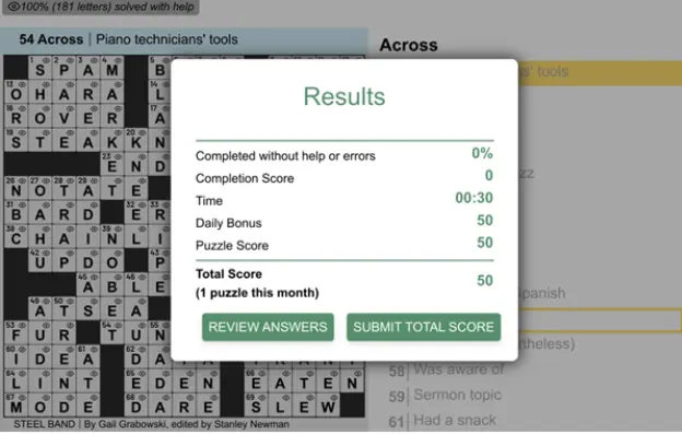 The results screen from a completed crossword