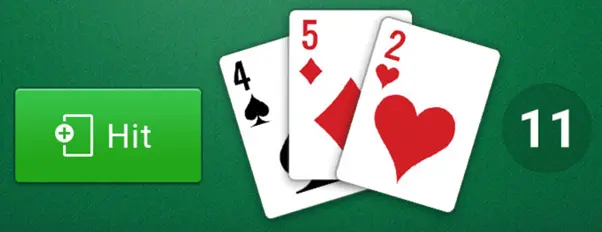 Two plays cards and a HIT button from the online Solitaire game