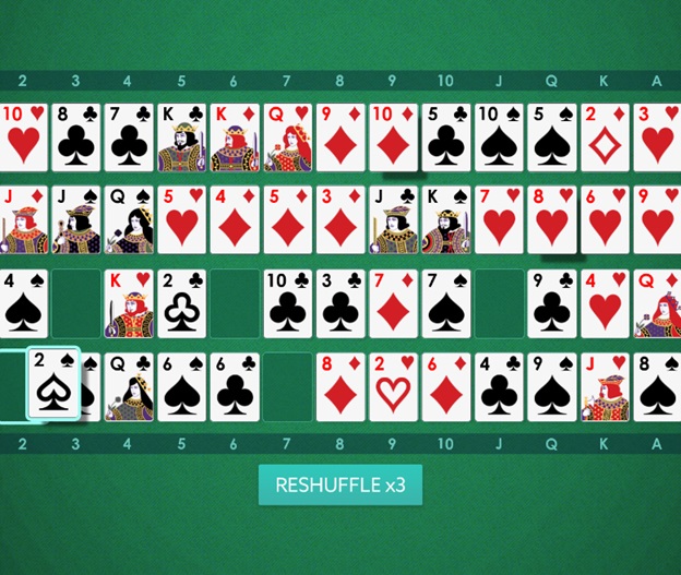 Learning how to play Addiction Solitaire means choosing the starting card of each row wisely, as depicted in the photo above.