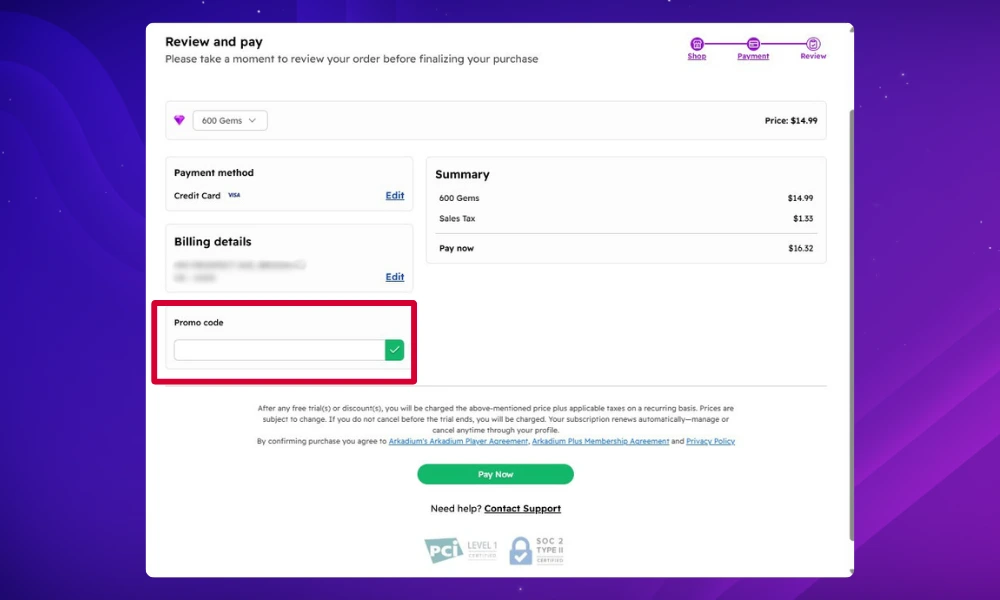 Promo Code Redemption for Gems