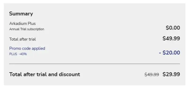 An example of a summary at checkout where a promo code was applied