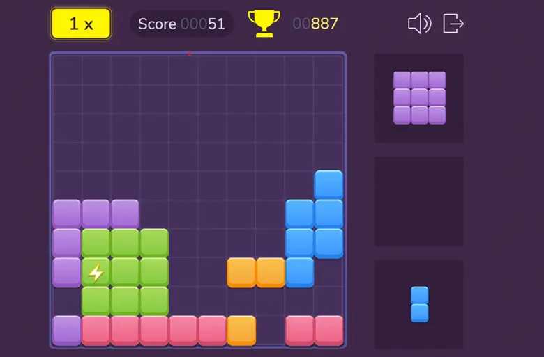 A closeup of a block puzzle game in progress