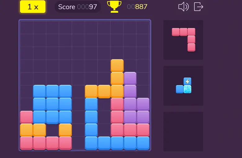 A closeup of a block puzzle game in progress