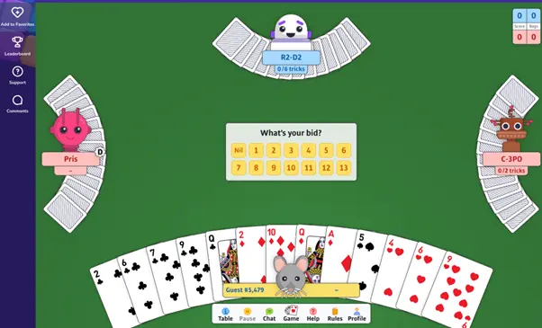 A Spades online game in progress