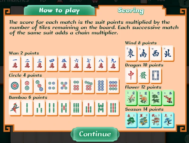 A screencap of Arkadium’s Mahjong Solitaire scoring system