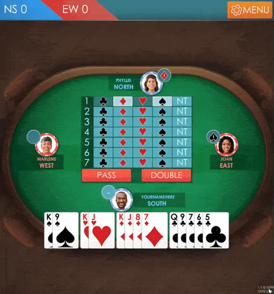 A screenshot of a Bridge game in progress