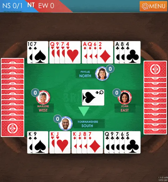 A screenshot of a Bridge game in progress