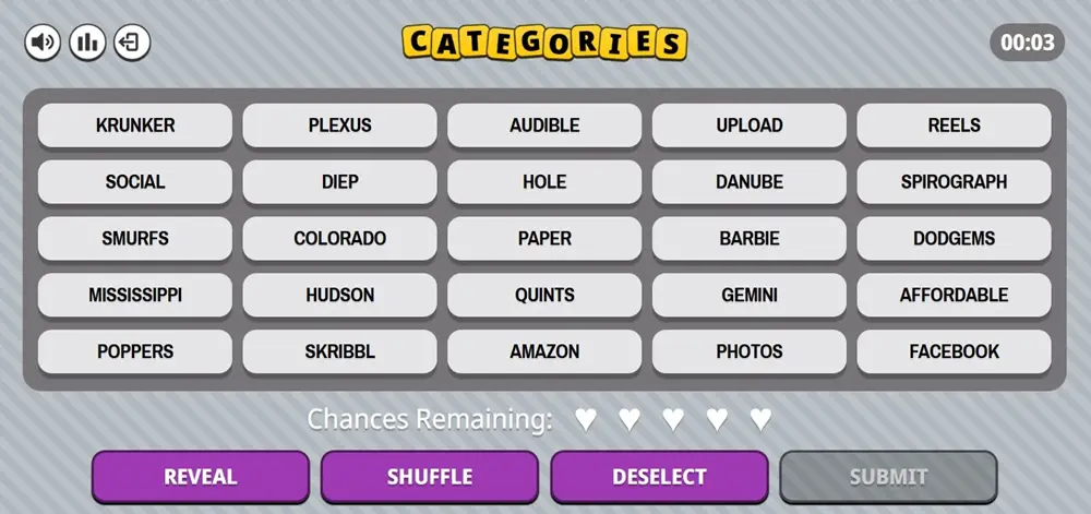 Categories in-game screen