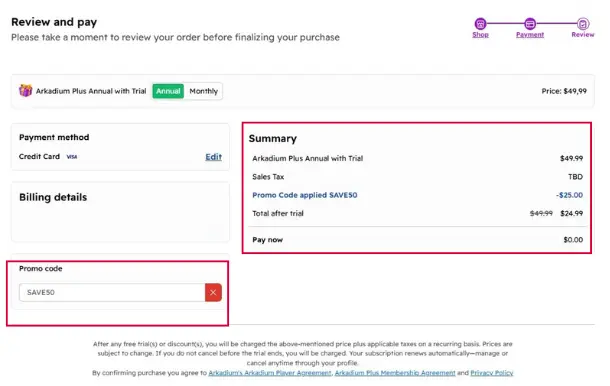 A screenshot of the checkout process with the Promo Code applied and reflected on the summary