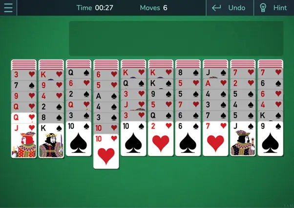 A game of Spider Solitaire 2 Suits in progress 