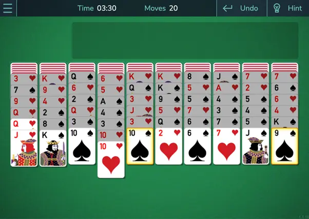 A game of Spider Solitaire 2 Suits in progress 