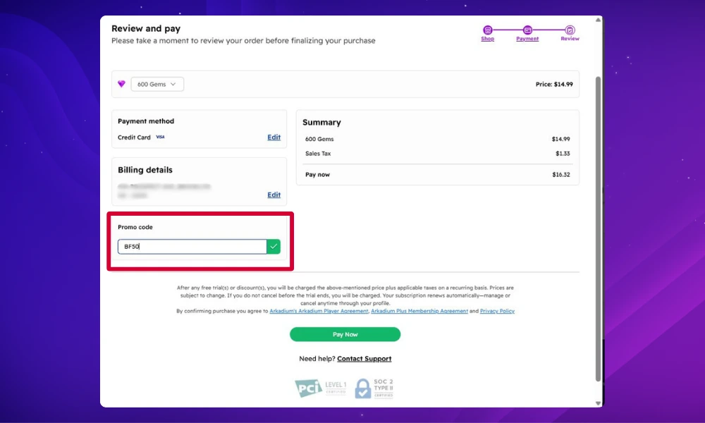 Promo Code Redemption for Gems