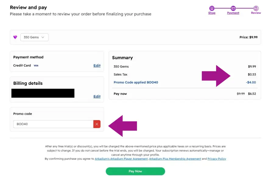 A screenshot of the checkout process with the Promo Code applied and reflected on the summary