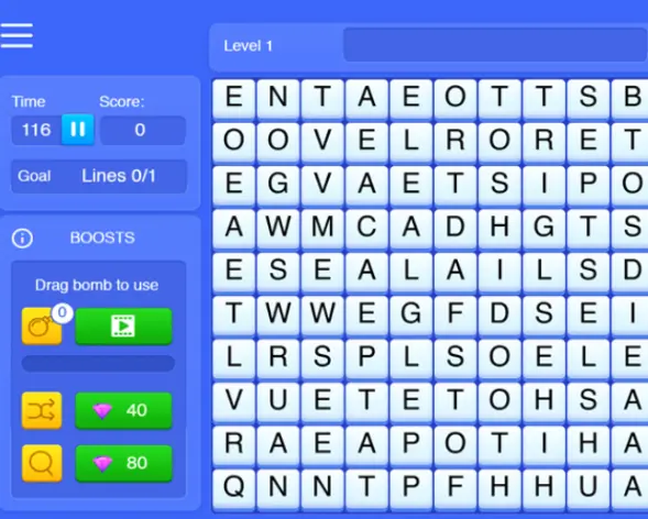 Example of an in-progress game of Word Wipe on Arkadium