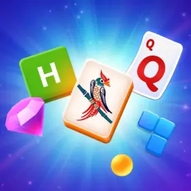 Arkadium game tiles floating against a purple starry background