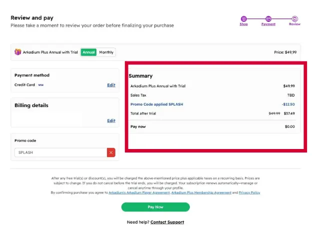 A screenshot of the checkout process with the Promo Code applied and reflected on the summary